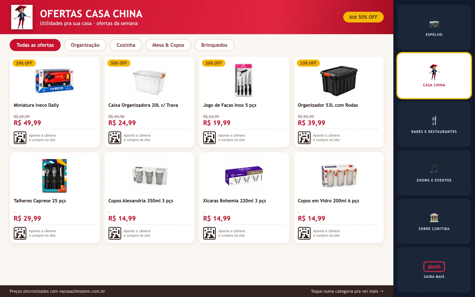 Vitrine da Casa China no Doohmob Shop: ofertas com categorias, preços e QR code em cada produto